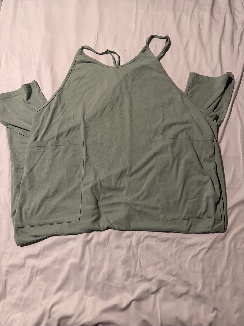 Sage Green Spaghetti-Strap Romper with Front Pockets